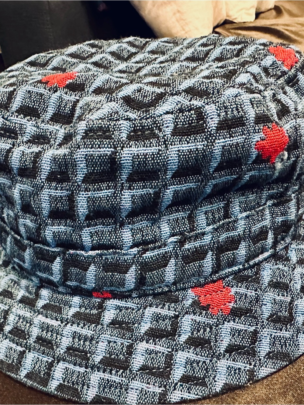 Vtg Pharrell Icecream Blue Textured Bucket Hat with Red Embroidered Accents